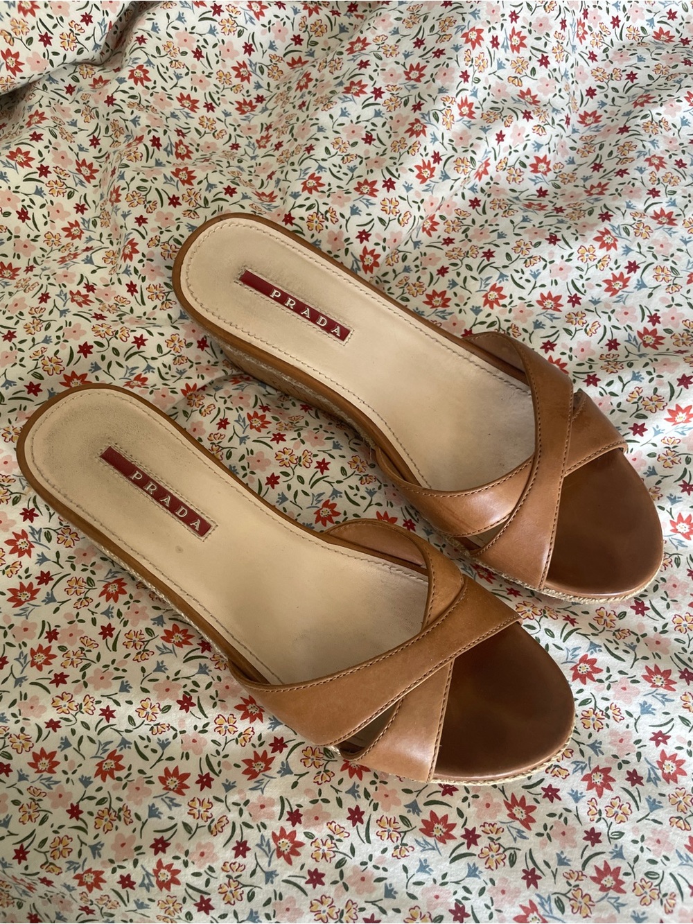 Y2K Vintage Prada Tan Leather Cork Wedge Slide Sandals Size 36 - Picture 5 of 7